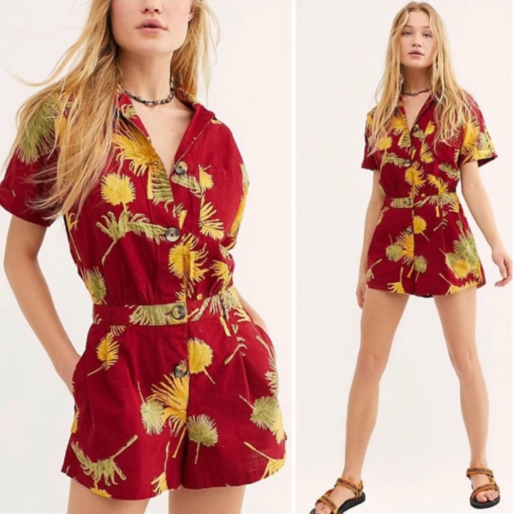 Free People Sz XS Button Up Short Sleeve Jumper/Romper in Burgundy New with Tags